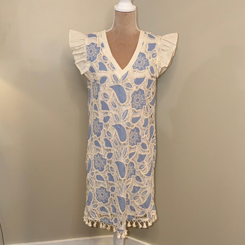 VOY Slate Blue & Cream Crotched Embroidery Women’s Dress Size Medium